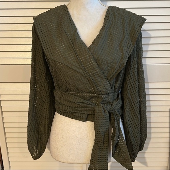 💕 Anthropologie Maeve 💕 Olive Sheer Wrap Blouse - Picture 2 of 3